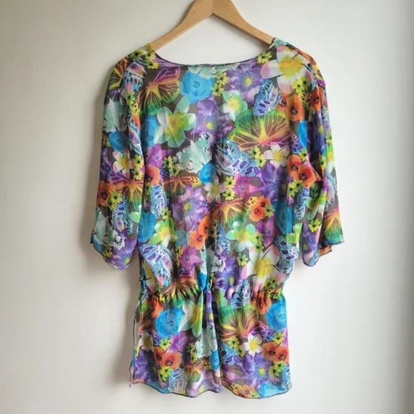 La Vie en Rose Aqua Floral Beach Coverup  Medium - Picture 5 of 11